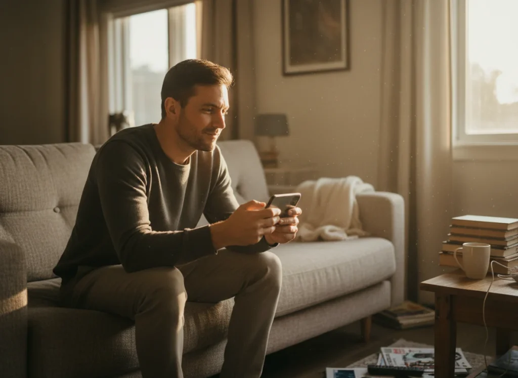 Hombre joven en el salón de su casa mirando su teléfono móvil con decisión, ilustrando el momento de contactar para pedir cita con un psicólogo.